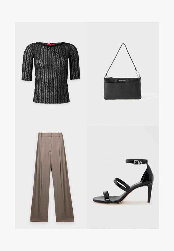 Haut court noir en dentelle avec motif de rayures ondulées verticales et encolure ronde, tissu semi-transparent sur fond uni clair.; Pantalons à jambes larges de couleur taupe apaisée, fabriqués en tissu lisse avec une finition satinée. Dotés d'une taille cintrée et de plis subtils.; Sandale à talon haut en cuir verni noir avec trois fines lanières et une bride de cheville avec une boucle ronde.; Porte-monnaie en cuir noir, finition texturée, fermeture à glissière, quincaillerie en métal argenté, logo de la marque, bandoulière réglable. Forme compacte et rectangulaire.