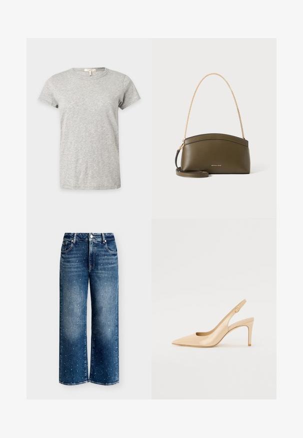 T-shirt gris clair à manches courtes et col rond avec un motif chiné subtil affiché sur un fond uni.; Jean bleu à jambes larges avec un effet délavé et de petits clous blancs façon strass dispersés sur le tissu, coupe cinq poches et passants pour ceinture.; Escarpin slingback en cuir verni nude avec un bout pointu, un décolleté ouvert et un talon aiguille fin. Comprend un accent doré circulaire sur la sangle.; Sac à main Michael Kors vert olive avec bandoulière en chaîne dorée, dessus courbé et petit logo doré sur le devant, présenté sur fond blanc.