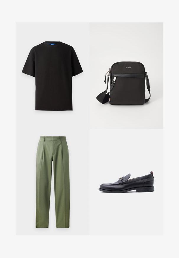 Schwarzes T-Shirt mit kurzen Ärmeln, Rundhalsausschnitt, aus Rippstoff gefertigt. Hat einen lockeren Schnitt und ein dezentes blaues Markenetikett im Halsbereich.; Maßgeschneiderte Hose aus olivgrünem Stoff mit glatter Textur, ausgestattet mit zwei vorderen Falten, Gürtelschlaufen und geradem Bein.; Schwarzer Lederloafer mit grauem, strukturiertem Vorderblatt, silberner Metallschnalle, niedrigem Absatz und Zuglasche hinten.; Schwarze Umhängetasche aus strukturiertem Stoff, mit Logo auf der Vorderseite, Reißverschluss und verstellbarem Tragegurt. Verfügt über eine glatte Lederbesatz.