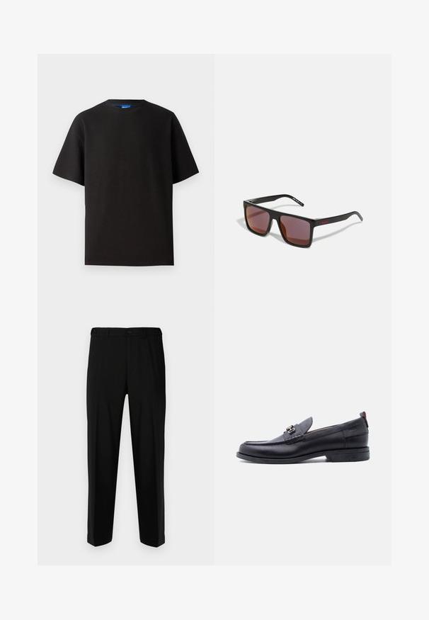 Sort t-shirt med korte ærmer, rund hals, lavet af ribbet stof. Har en afslappet pasform og et subtile blåt mærke indeni halsudskæringen.; Sorte bukser lavet af glat stof, med lige snit, to forlommer og lynlås med knaplukning.; Sort lædermokasin med grå tekstureret forfod, sølvfarvet metalspænde, lav hæl og trækflap bagpå.; Sorte rektangulære solbriller med mørkerøde linser, med en mat finish og rød logo på stangen. Solid plastikramme.