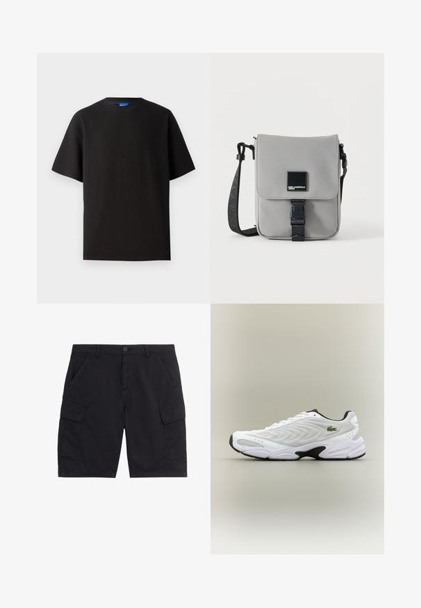 Schwarzes T-Shirt mit kurzen Ärmeln, Rundhalsausschnitt, aus Rippstoff gefertigt. Hat einen lockeren Schnitt und ein dezentes blaues Markenetikett im Halsbereich.; Schwarze Cargo-Shorts mit vorderem Knopf und Reißverschluss, zwei seitlichen Taschen, zwei Klappentaschen und Gürtelschlaufen.; Weißer Sportschuh mit strukturiertem Mesh-Obermaterial, geschwungenem Design und kontrastierender schwarzer Laufsohle. Mit grünem gesticktem Logo an der Seite.; Graue Crossbody-Tasche mit schwarzem, verstellbarem Gurt, vordere Klappe mit schwarzer Schnalle gesichert, mit quadratischem Karl Lagerfeld Jeans Logo-Patch.
