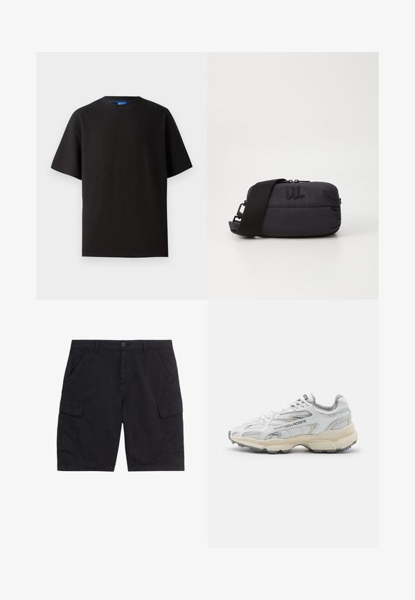 Sort t-shirt med korte ærmer, rund hals, lavet af ribbet stof. Har en afslappet pasform og et subtile blåt mærke indeni halsudskæringen.; Sorte cargoshorts med frontknap og lynlås, to sidelommer, to klaplommer og bæltestropper.; Hvide sportssko med grå detaljer, overdel i mesh og syntetiske materialer, snørebåndsdesign og tekstureret gummisål med grebemønstre.; Sort nylon crossbody taske med en glat tekstur, lynlåslukning, justerbar rem og præget logo-detalje på fronten.