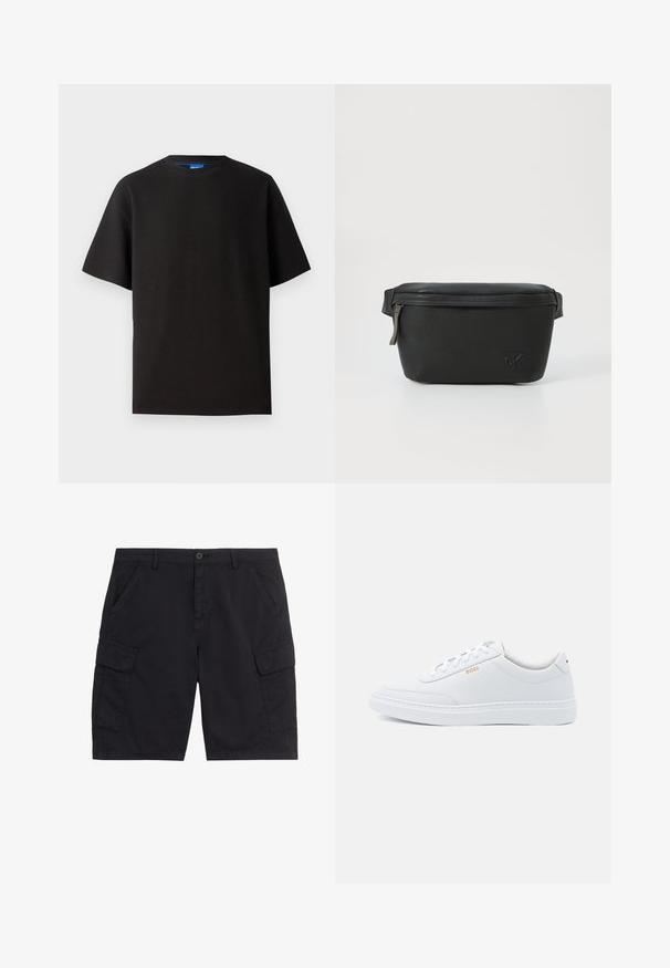 Camiseta negra de manga corta, cuello redondo, hecha de tejido de canalé. Presenta un ajuste relajado y una sutil etiqueta de marca azul en el interior del cuello.; Pantalones cortos cargo negros con botón y cremallera delanteros, dos bolsillos laterales, dos bolsillos cargo con solapa y presillas para cinturón.; Zapatillas de cuero blanco con textura suave, puntera redondeada y costuras tonales. Cuentan con cordones azules y un logo dorado en el lateral.; Bolso cosmético de cuero negro con superficie texturizada, cierre de cremallera y logo embellecido en la parte frontal. Forma rectangular compacta con correa lateral.