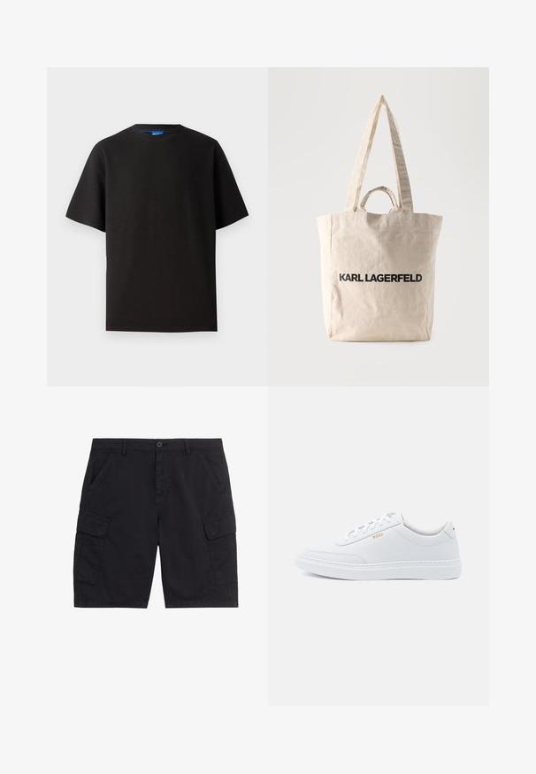 Camiseta negra de manga corta, cuello redondo, hecha de tejido de canalé. Presenta un ajuste relajado y una sutil etiqueta de marca azul en el interior del cuello.; Pantalones cortos cargo negros con botón y cremallera delanteros, dos bolsillos laterales, dos bolsillos cargo con solapa y presillas para cinturón.; Zapatillas de cuero blanco con textura suave, puntera redondeada y costuras tonales. Cuentan con cordones azules y un logo dorado en el lateral.; Bolso tote de lona beige con asas largas y cortas, con el texto "KARL LAGERFELD" impreso en letras negras gruesas en el frente.