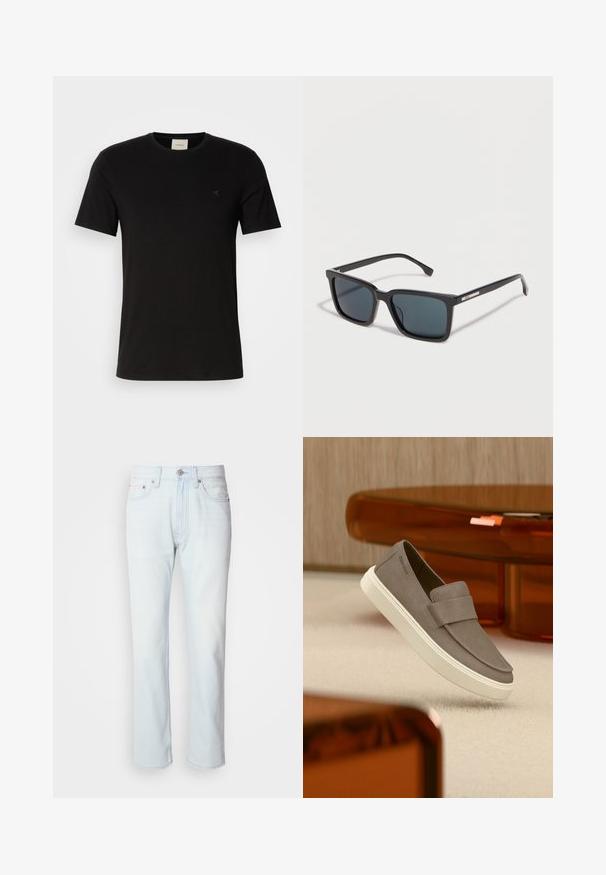 Zwarte katoenen t-shirt met korte mouwen, ronde halslijn en een klein Calvin Klein-logo op de borst. Soepele textuur, klassieke pasvorm.; Lichtblauwe denim jeans met een rechte pijp. Voorzien van een knoopsluiting en riemlussen, met een vervaagde textuur en minimale stiksels.; Grijze suède instapschoen met witte zool, zwevend boven een beige tapijt, met doorschijnend oranje meubilair op de achtergrond.; Zwarte rechthoekige zonnebril met donkere glazen en dunne pootjes, met een klein gouden "BOSS"-logo op het montuur tegen een witte achtergrond.