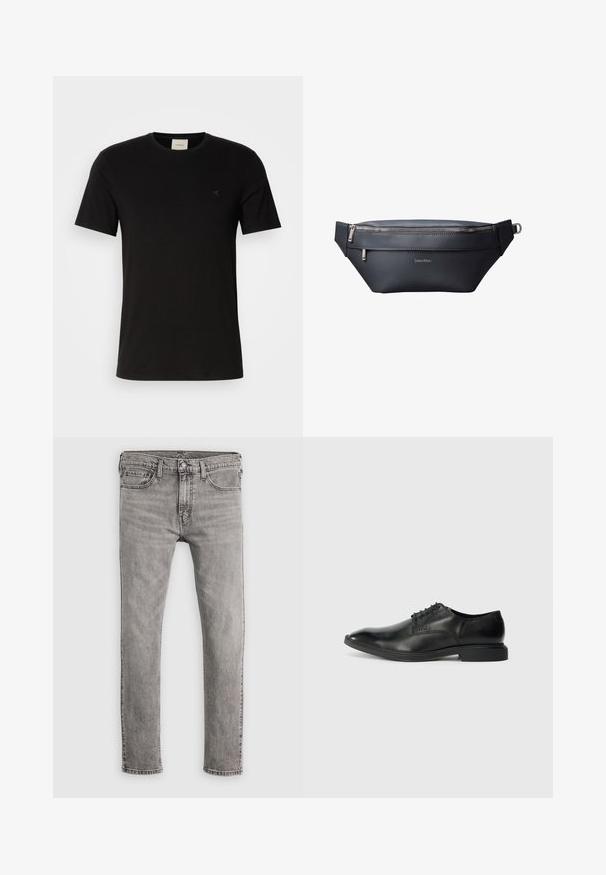 Sort bomulds T-shirt med korte ærmer, rund halsudskæring og et lille Calvin Klein-logo på brystet. Glat tekstur, klassisk pasform.; Grå denimjeans med en lige-ben-snit, fem lommer og en standard lukning med knapper. Glat tekstur og en let falmet udseende.; Sort læder herresko med glat overflade, spids tå, seks snørrehuller og lav, rektangulær hæl. Diskret brandingdetalje på siden.; Sort læder Calvind Klein bæltetaske med to lynlåslommer og justerbar rem med metalspænde.