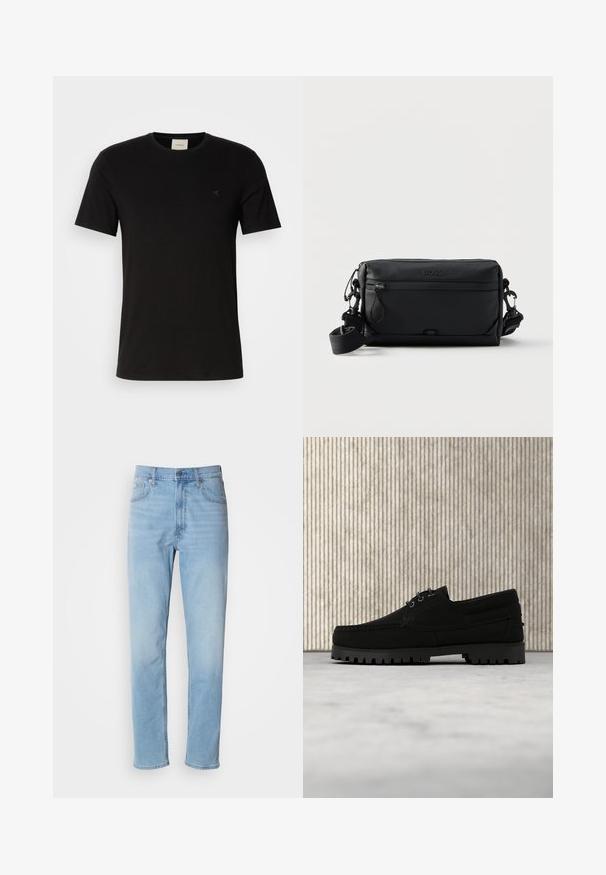Schwarzes Baumwoll-T-Shirt mit kurzen Ärmeln, Rundhalsausschnitt und einem kleinen Calvin Klein-Logo auf der Brust. Glatte Textur, klassische Passform.; Hellblaue Jeans mit geradem Schnitt, fünf Taschen und Gürtelschlaufen. Der Stoff hat eine glatte Textur mit einem leichten Verblassungseffekt.; Schwarzer Schnürschuh mit dicker, profilierter Sohle schwebt über beigem Teppich, brauner moderner runder Tisch vor weichem, beleuchtetem Hintergrund.; Schwarze rechteckige Crossbody-Tasche mit Front-Reißverschlusstasche, verstellbarem Riemen und eingeprägtem "BOSS"-Logo oben in der Mitte.