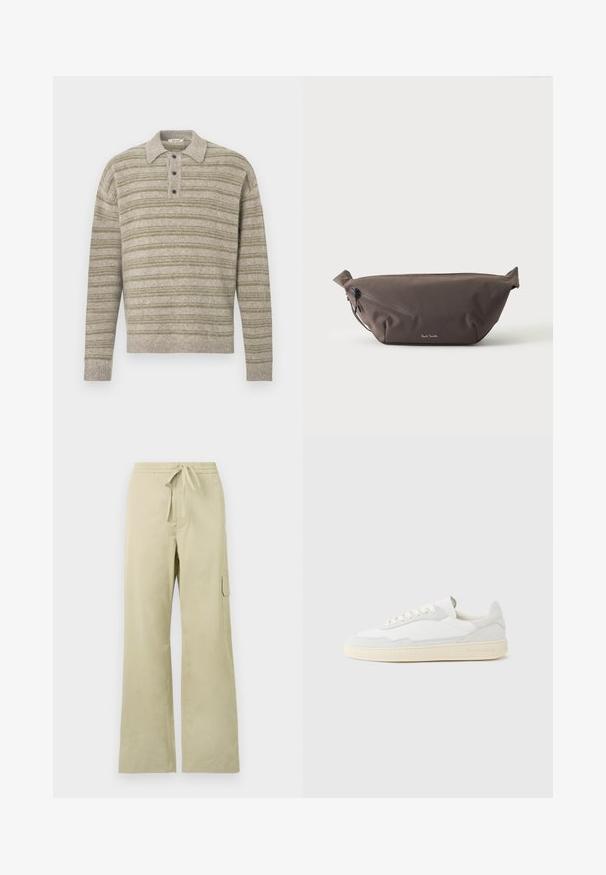 Pull rayé vert clair et gris avec un col polo, quatre boutons, et des poignets et ourlet côtelés. Fabriqué en matériau tricoté texturé.; Pantalons cargo larges beige clair avec une taille élastique et un cordon de serrage, comportant des poches latérales et une poche cargo unique.; Baskets blanches avec dessus en daim et cuir texturé. Caractérisées par un bout arrondi, une fermeture à lacets et une semelle en caoutchouc beige contrastante.; Sac banane en tissu marron foncé avec poche zippée en diagonale et petit logo blanc sur le devant, sur un fond clair uni.