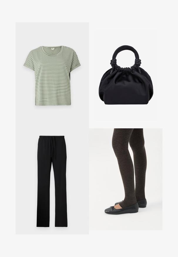 T-shirt vert à rayures, manches courtes, col rond, fabriqué en tissu doux. Présente des rayures blanches et vertes alternées.; Pantalon à taille élastique noire avec cordon de serrage, présentant une texture lisse et des jambes droites et longues sans poches.; Jambes portant des leggings côtelés foncés associés à des ballerines noires avec de petits détails en nœud sur fond blanc.; Sac à main en tissu noir doux avec dessus froncé et poignées arrondies nouées à la base, sur un fond clair uni.