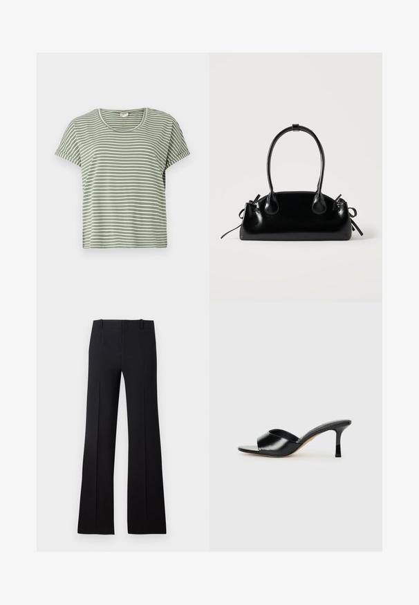 Camiseta de rayas verdes, de manga corta, con escote redondeado, hecha de tela suave. Presenta rayas alternas en blanco y verde.; Pantalones de campana negros con una textura suave, que presentan una cintura ajustada, lazos para cinturón y un diseño limpio que se extiende hasta un dobladillo amplio.; Mules de tacón alto de cuero negro con diseño de punta descubierta y una amplia correa superior curva. Textura suave y silueta elegante.; Pequeño bolso negro brillante con dos asas largas y detalles de cordón lateral sobre un fondo claro liso.