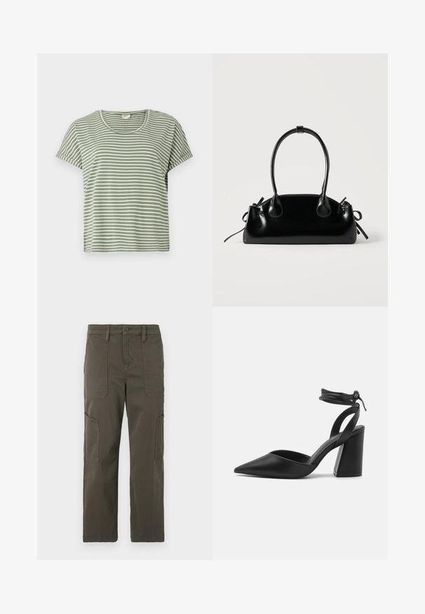 Zelené pruhované tričko, krátke rukávy, zaoblený výstrih, vyrobené z mäkkej látky. Obsahuje striedajúce sa biele a zelené pruhy.; Good American CROPPED PANTS - Kapsáče - fatigue; Čierne lodičky s ostrou špičkou a pevným blokovým podpätkom, vyrobené z hladkej kože, s nastaviteľným remienkom okolo členka pre bezpečné uchytenie.; Malá čierna lesklá kabelka s dvoma dlhými rúčkami a bočnými šnúrkovými detailmi na jednoduchom svetlom pozadí.