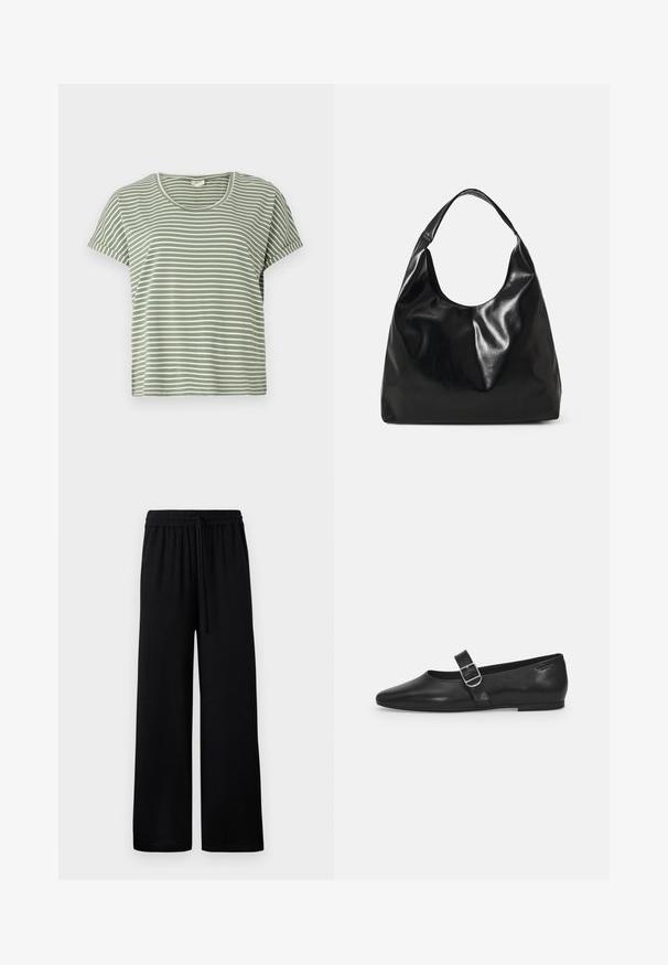 T-shirt vert à rayures, manches courtes, col rond, fabriqué en tissu doux. Présente des rayures blanches et vertes alternées.; Pantalons larges noirs avec une taille élastique et un cordon de serrage réglable. Tissu lisse sans motifs ni accents visibles.; Chaussure plate en cuir noir avec un bout arrondi, une seule sangle réglable à boucle et une texture lisse et brillante. Design minimaliste avec un petit talon.; Sac hobo en cuir noir avec une texture douce et brillante et un haut ouvert arrondi. Dispose d'une large sangle courbée pour le transport. Pas de matériel visible.