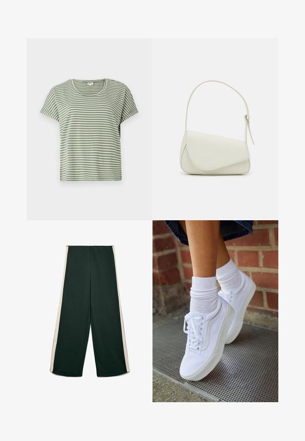 Camiseta de rayas verdes, de manga corta, con escote redondeado, hecha de tela suave. Presenta rayas alternas en blanco y verde.; Pantalones de pierna ancha verde oscuro con rayas blancas laterales, parte delantera lisa y sin bolsillos visibles, extendidos sobre un fondo blanco.; Zapatillas de lona blancas con suelas de goma, que presentan seis ojales, puntera redonda y detalles de costura ligera, combinadas con calcetines blancos hasta el tobillo.; Bolso de mano de imitación cuero blanco con una forma triangular estructurada, correa ajustable única y cierre con solapa acentuada en curva.
