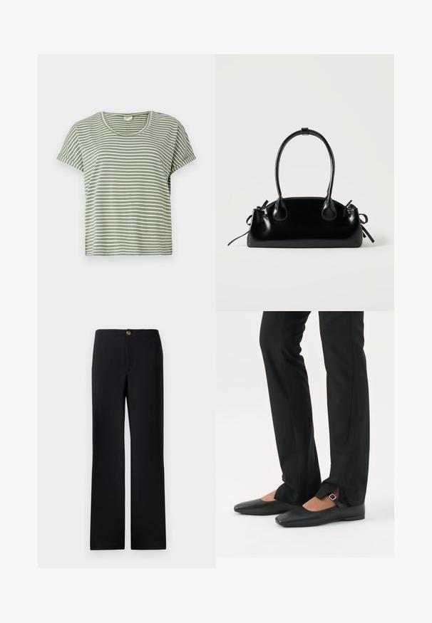 Camiseta de rayas verdes, de manga corta, con escote redondeado, hecha de tela suave. Presenta rayas alternas en blanco y verde.; Pantalones negros de diseño recto, con cierre de botón dorado y una tela suave y texturizada. Sin bolsillos visibles ni patrones.; Piernas con pantalones ajustados negros con aberturas frontales en el dobladillo, combinados con zapatos planos Mary Jane negros con una pequeña correa con hebilla.; Pequeño bolso negro brillante con dos asas largas y detalles de cordón lateral sobre un fondo claro liso.