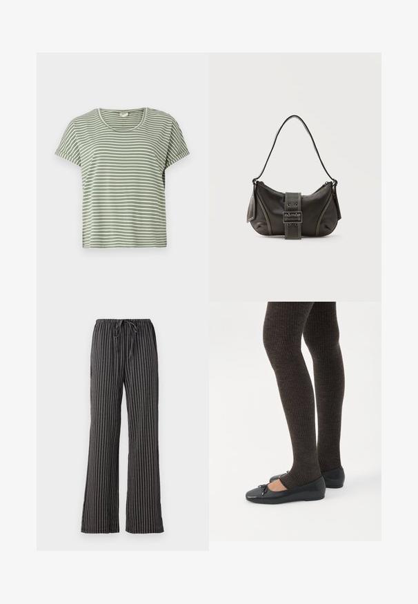 Camiseta de rayas verdes, de manga corta, con escote redondeado, hecha de tela suave. Presenta rayas alternas en blanco y verde.; Pantalones de pijama a rayas en blanco y negro, con cintura ajustable, piernas anchas y un tejido suave y texturizado con líneas verticales.; Piernas con leggings oscuros acanalados combinados con bailarinas negras que presentan pequeños detalles de lazo sobre un fondo blanco.; Bolso de hombro de cuero negro con detalle de correa con hebilla, bordes curvos y costuras blancas en contraste sobre un fondo liso.