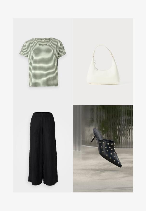 Camiseta de rayas verdes, de manga corta, con escote redondeado, hecha de tela suave. Presenta rayas alternas en blanco y verde.; Pantalones anchos negros de lino con una cinturilla elástica. La tela tiene una textura mate y fluye libremente desde la cintura hasta los tobillos.; Mula negra de punta puntiaguda con tacón pequeño, decorada con remaches redondos de plata espaciados uniformemente en la parte superior.; Pequeño bolso blanco de hombro con una sola correa ajustable y un cierre de cremallera, situado sobre un fondo blanco liso.