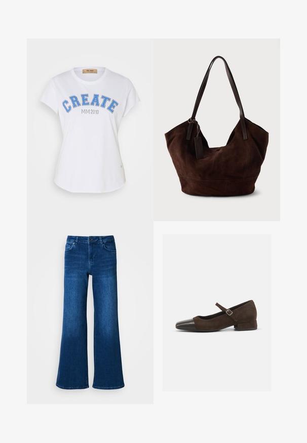 Λευκό βαμβακερό T-shirt με στρογγυλή λαιμόκοψη, κοντά μανίκια και μπλε γραφικό κείμενο "CREATE" με "MIM 2010" από κάτω. Λεπτομέρεια καμπυλωτής στριφώματος.; Μπλε τζιν παντελόνι σε φαρδιά γραμμή με ψηλή μέση, διαθέτει πέντε τσέπες, κλείσιμο με κουμπί και φερμουάρ, και ομαλή, ομοιόμορφη υφή.; Καφέ σουέτ παπούτσι Mary Jane με μαύρη πατεντέ μύτη, ρυθμιζόμενη λωρίδα και χαμηλό μπλοκ τακούνι. Λείο υλικό με ελάχιστες λεπτομέρειες.; Καφέ σουέτ τσάντα χειρός με μαλακή, χαλαρή μορφή. Διαθέτει δερμάτινους χειρολαβές και διακοσμητική ετικέτα. Απλή υφή με καμπύλες ραφές.