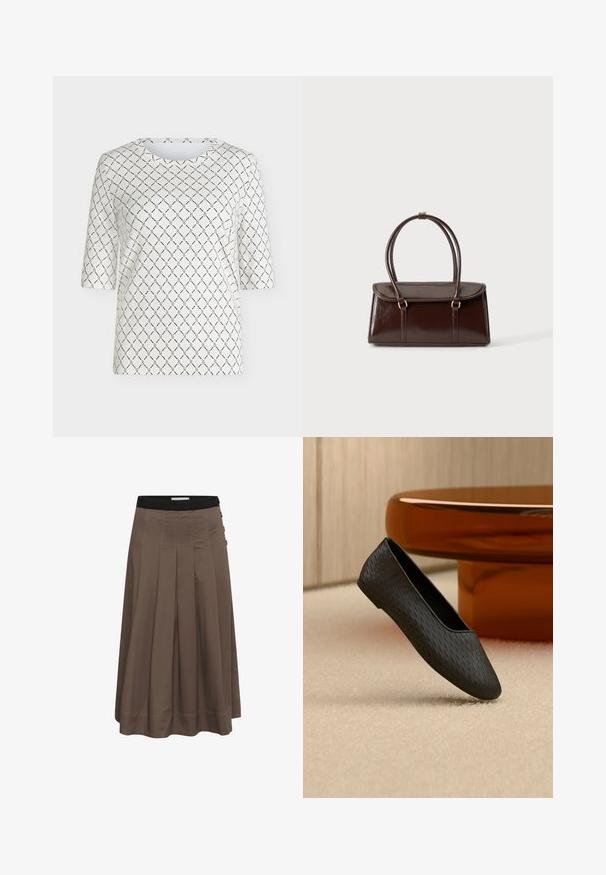 Haut blanc à manches courtes avec un motif de maillons de chaîne noirs formant des losanges sur l’ensemble du tissu et un col rond.; Jupe midi plissée marron avec taille élastique noire et détails de boutons sur le côté, présentée sur fond blanc.; Chaussure plate noire texturée à enfiler flottant au-dessus d’un tapis beige près d’un pied de table rond couleur ambre.; Sac à main en cuir brillant marron foncé avec un corps rectangulaire structuré et deux longues anses arrondies sur un fond clair uni.