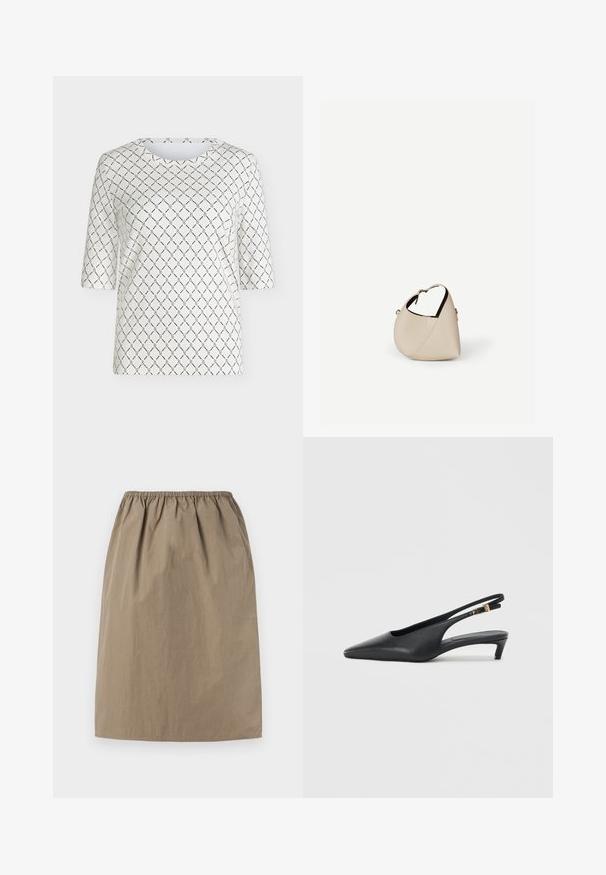 Haut blanc à manches courtes avec un motif de maillons de chaîne noirs formant des losanges sur l’ensemble du tissu et un col rond.; Jupe beige mi-genou avec taille élastique et ourlet droit, en tissu léger.; Des escarpins à talon ouvert noirs avec un bout pointu, une texture en cuir lisse, un petit talon aiguille, et une sangle avec un accent de boucle en métal.; Sac à main en cuir beige en forme de croissant avec une seule bandoulière et des coutures minimalistes, posé sur un fond blanc uni.
