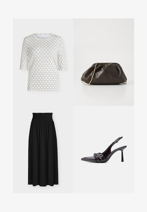 Haut blanc à manches courtes avec un motif de maillons de chaîne noirs formant des losanges sur l’ensemble du tissu et un col rond.; Jupe maxi noire avec large ceinture élastique smockée et tissu fluide sous la taille.; Chaussure à talon haut slingback en cuir verni noir, bout pointu, avec trois brides décoratives bouclées sur le dessus.; Sac à main en cuir marron avec un design froncé, une bandoulière en chaîne dorée et une finition douce et texturée. Sa forme compacte est idéale pour une utilisation en soirée.