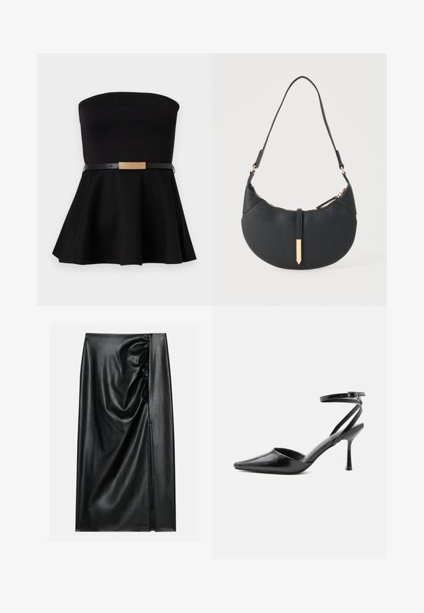 Robe noire sans bretelles avec une jupe évasée et une fine ceinture noire ornée d'une boucle rectangulaire en or à la taille.; Jupe en cuir noir avec une texture lisse, présentant une section froncée sur un côté et une fente sur le côté pour un détail supplémentaire.; Escarpin noir à bout pointu avec fines brides de cheville et fermeture à boucle argentée sur fond clair uni.; Sac à main noir en forme de croissant avec une bandoulière unique, une fermeture éclair dorée et une languette décorative rectangulaire dorée à l'avant.