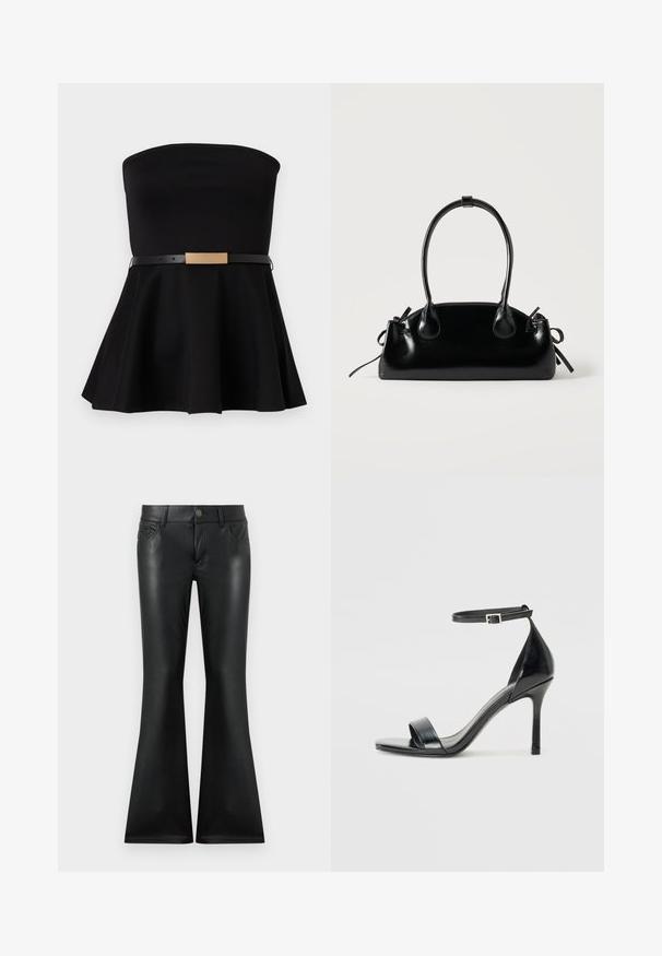 Robe noire sans bretelles avec une jupe évasée et une fine ceinture noire ornée d'une boucle rectangulaire en or à la taille.; Pantalon noir évasé en matière lisse et brillante. Dispose d'un design à cinq poches, d'une fermeture à bouton sur le devant, et de coutures contrastées subtiles.; Sandale à talon haut en cuir verni noir avec un bout ouvert, une seule lanière à l'avant et une lanière de cheville ajustable.; Petit sac à main noir brillant avec deux longues anses et des détails à cordon sur les côtés sur un fond clair uni.