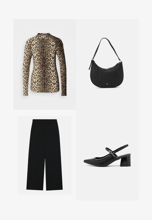 Langærmet top i leopardmønster, der har et design i beige og brune nuancer med en tætsiddende pasform og rund halsudskæring. Glat tekstur.; Breddebenede sorte bukser lavet af et glat stof. Har en flad talje med bæltestropper og ingen synlige lommer. Simpelt design.; Sorte patentlæder slingback hæle med spids tå, rund udskæring og blokhæl. Har en guldtonet spændeaccents.; Sort læderhåndtaske med en buet form, struktureret overflade, forreste syninger og et logo i guldfarve. Har en enkelt justerbar rem.