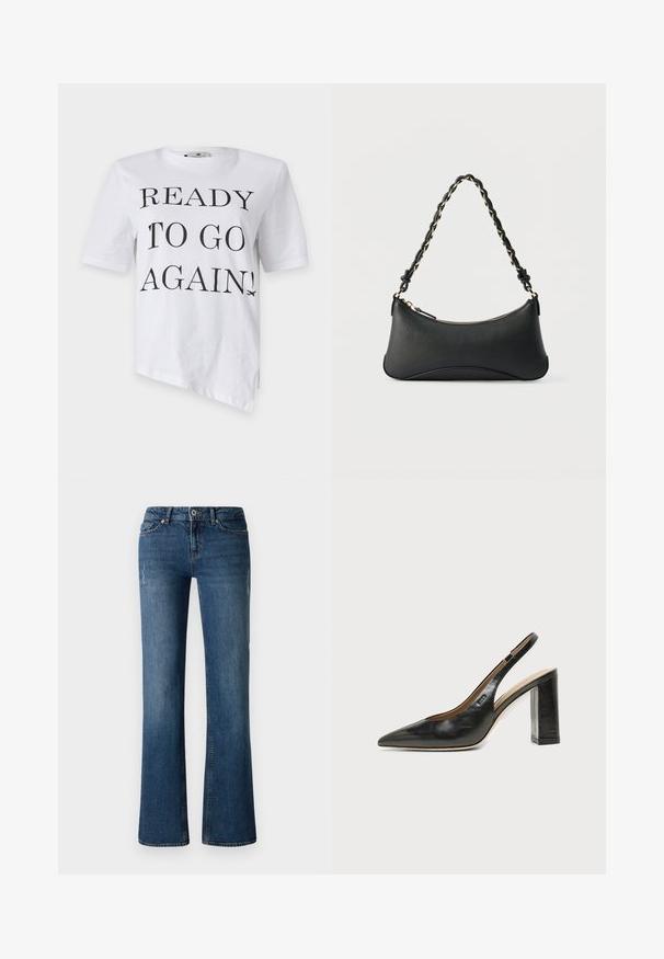 Biele tričko s krátkymi rukávmi, na ktorom je čierny potlač s nápisom "PRIPRAVENÝ ZNOVU VYRAZIŤ!" a grafika lietadla v dolnom pravom rohu.; Tmavomodré džínsy s rozšírenými nohavicami, s jemným vyblednutím a poškodenými detailmi v oblasti stehna a kolena.; Čierna kožená slingback obuv s špicatou špičkou, vysokým hrubým podpätkom a béžovou vnútornou podšívkou na svetlom jednofarebnom pozadí.; Čierna kožená kabelka na rameno s oblým obdĺžnikovým tvarom, zlatým reťazcom vpleteným do čierneho pleteného remienka a horným zipsovým zapínaním.