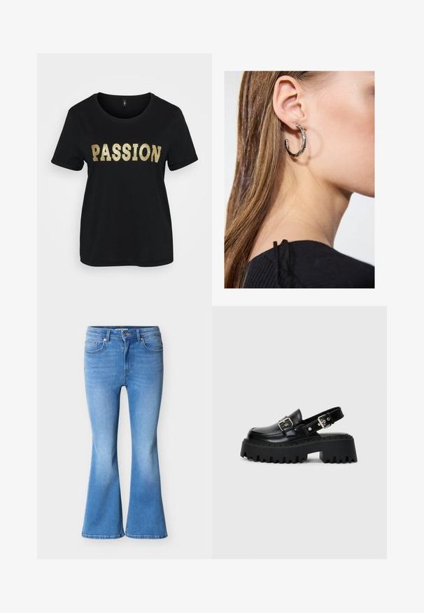 Camiseta de algodón negra con mangas cortas, que presenta la palabra "PASSION" en glitter dorado. Cuello redondo, corte relajado.; Jeans acampanados azul claro hechos de denim, con cintura de talle medio, bolsillos delanteros y un acabado desteñido hacia el dobladillo.; Sandalias de plataforma negras hechas de cuero brillante, con una correa de hebilla y una suela gruesa texturizada con estrías pronunciadas.; Pendiente de aro de plata con un acabado pulido, que presenta pequeños detalles en dorado y una forma redonda, llevado en el lóbulo.
