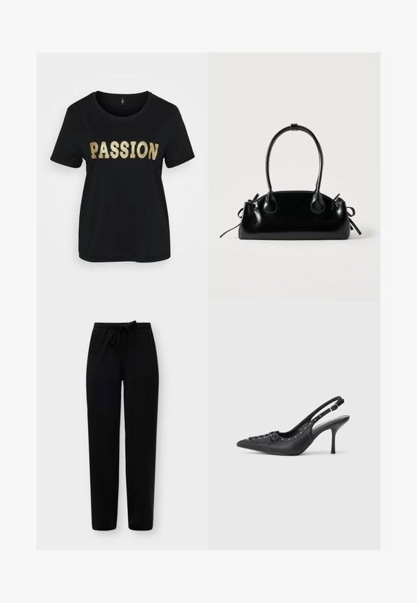 Camiseta de algodón negra con mangas cortas, que presenta la palabra "PASSION" en glitter dorado. Cuello redondo, corte relajado.; Pantalones negros de pierna recta con cintura de cordón, mostrados sobre un fondo liso gris claro.; Sandal de tacón stiletto negro de cuero con punta afilada, correa lateral con hebilla, tachuelas a lo largo del borde y cordones decorativos en la parte delantera.; Pequeño bolso negro brillante con dos asas largas y detalles de cordón lateral sobre un fondo claro liso.