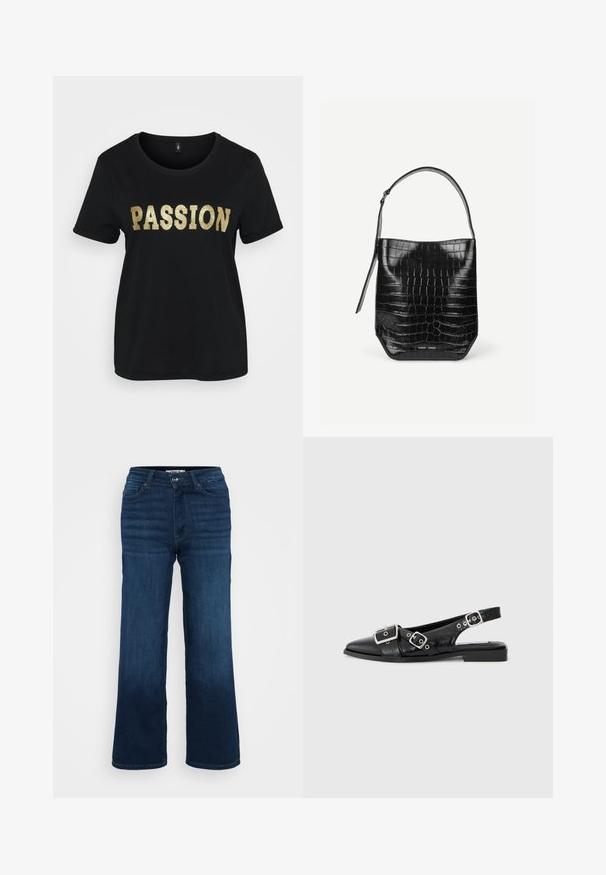 Camiseta de algodón negra con mangas cortas, que presenta la palabra "PASSION" en glitter dorado. Cuello redondo, corte relajado.; ONLY Petite ONLMADISON BLUSH WIDE - Pernera ancha - dark blue denim; Zapato slingback de cuero negro con punta afilada, dos hebillas plateadas y un tacón bajo tipo bloque. Presenta un empeine texturizado y parte trasera abierta.; Bolso tipo saco de piel negra con relieve de cocodrilo, con una sola correa para el hombro y un pequeño logo de la marca en plata en el centro inferior frontal.