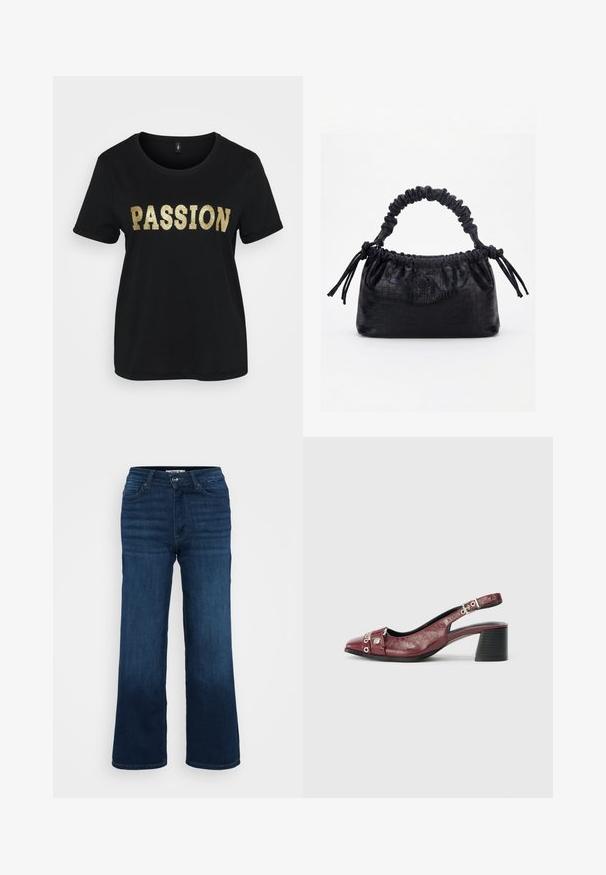 Camiseta de algodón negra con mangas cortas, que presenta la palabra "PASSION" en glitter dorado. Cuello redondo, corte relajado.; ONLY Petite ONLMADISON BLUSH WIDE - Pernera ancha - dark blue denim; Zapato slingback de cuero burdeos con punta redonda, diseño curvado, acentos de metal plateado y tacón ancho. Acabado texturizado.; Bolso negro con textura de cocodrilo, borde superior fruncido, asa recogida y cordones con borlas en cada lado sobre un fondo blanco.