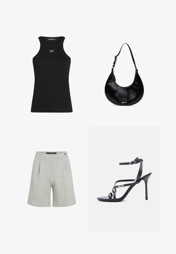 Zwarte geribde tanktop met een ronde hals en smalle schouderbandjes. Heeft een klein wit logo op de borst.; Grijze plooishorts van zacht materiaal, met een elastische tailleband en zijzakken, ontworpen voor comfort en bewegingsvrijheid.; Zwarte high-heeled sandaal met dunne bandjes, enkelgesp en een metalen logodetail aan het zijbandje, afgebeeld tegen een witte achtergrond.; Zwarte glanzende gepolijste leren schoudertas in de vorm van een halve maan met een verstelbare schouderband en een Karl Lagerfeld Jeans-logo patch aan de voorkant.