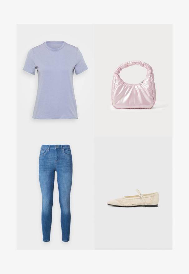 Lyslilla kortærmet t-shirt med rund hals, lavet af blødt stof, der har en glat overflade og ingen synlige mønstre eller detaljer.; Smaljeans i mellemblå denim med høj talje, fem lommer, let slidmærkning og en enkelt knaplukning i taljen.; Beige balletflader med spids tå, mesh design overlay og en side spænde. Flad sål med en glat tekstur.; Rosa, polstret håndtaske med afrundet design, lavet af skinnende materiale. Har et samlet håndtag og en lynlås til sikker adgang.