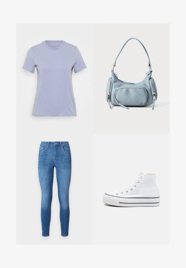Camiseta de manga corta de color púrpura claro con cuello redondo, fabricada en un tejido suave, que presenta una textura lisa y sin patrones ni acentos visibles.; Jeans ajustados en denim azul medio, con una cintura alta, cinco bolsillos, desgaste ligero y un cierre de botón sencillo en la cintura.; Zapatillas altas blancas de material de lienzo, con suela de goma negra y una franja negra en el mediopie. Punta circular y diseño de cordones.; Bolso de mano de cuero azul claro con forma redondeada, dos bolsillos con cremallera, un asa corta y acentos de hardware en plata. Textura suave.