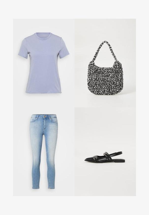 Lyslilla kortærmet t-shirt med rund hals, lavet af blødt stof, der har en glat overflade og ingen synlige mønstre eller detaljer.; Lys blå skinny jeans med frontknap og lynlås, fem lommer og diskret slid på lår og knæ.; Even&Odd by Zalando Slingback-ballerinasko - black; Vævet håndtaske i sort og hvid med en rund form, tekstureret overflade og et fletet håndtag. Velegnet til afslappet brug.