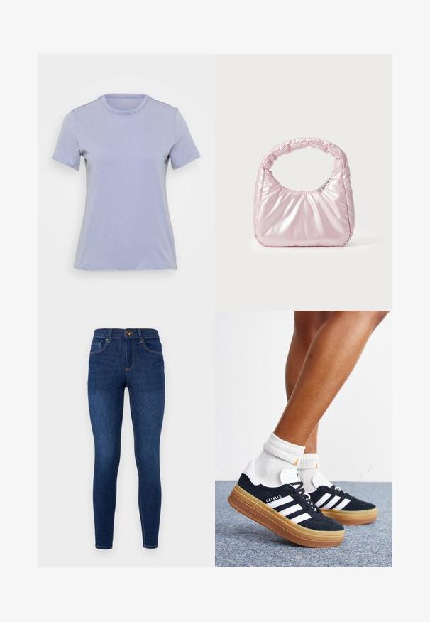 Lyslilla kortærmet t-shirt med rund hals, lavet af blødt stof, der har en glat overflade og ingen synlige mønstre eller detaljer.; Mørkeblå denim skinny jeans med høj talje, klassisk fem-lomme-design, diskret kontrastsyninger og lukning med metalknap.; Ben iført hvide sokker og sorte Adidas Gazelle sneakers med hvide striber og tykke brune såler på et gråt tæppe.; Rosa, polstret håndtaske med afrundet design, lavet af skinnende materiale. Har et samlet håndtag og en lynlås til sikker adgang.