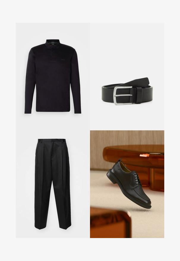 Camisa polo negra de manga larga hecha de material suave, con una paleta de tres botones, cuello y un sutil logo de "BOSS" en la parte frontal.; Pantalones negros ajustados con cintura alta, perneras anchas y pliegues marcados. Fabricados en un tejido suave con trabillas para el cinturón y sin hardware visible.; Zapato de vestir negro de piel con cordones y parte delantera texturizada, flotando sobre una alfombra beige en una habitación moderna con muebles de tono ámbar.; Cinturón de cuero negro con una textura suave, hebilla de metal plateado y un solo lazo para ajuste. Presenta un diseño limpio y clásico.