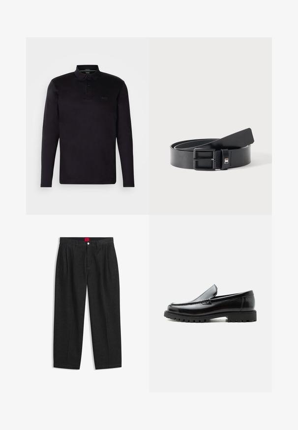 Zwarte poloshirt met lange mouwen van zacht materiaal, met een drie-knopsluiting, kraag en een subtiele "BOSS" logo aan de voorkant.; Zwarte hoge taille broek met plooien aan de voorkant, ceintuurlussen, een knoop- en ritsluiting, en een rood label aan de binnenkant van de tailleband.; Zwarte leren loafer met dikke rubberen zool, gestikte bovenkant en gegraveerde merknaam op de hiel, zijaanzicht op witte achtergrond.; Zwarte leren riem met matte zwarte metalen gesp, licht opgerold met het uiteinde van de band rustend op een wit oppervlak.