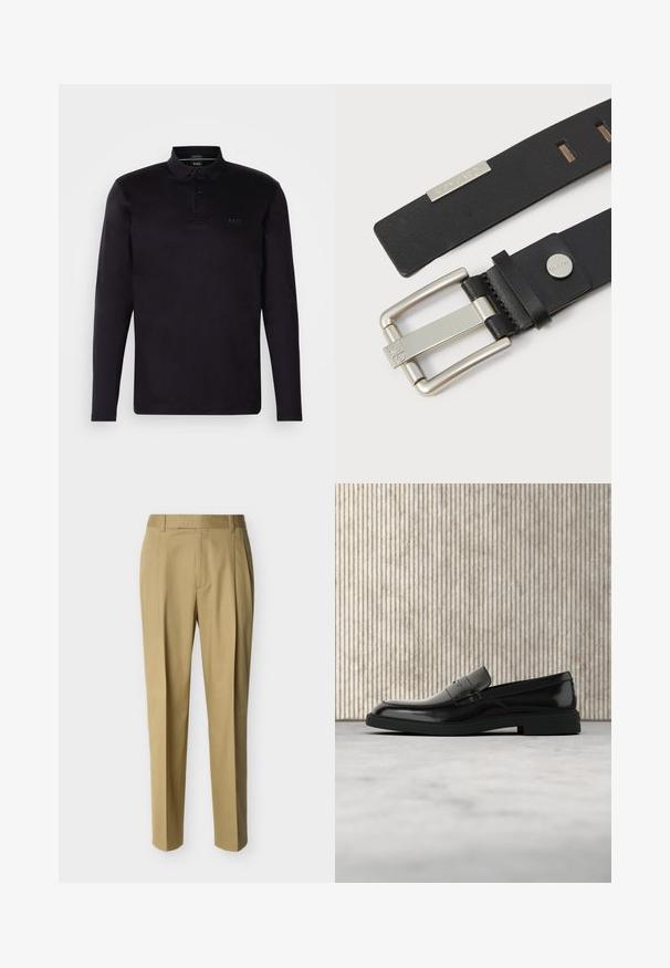 Zwarte poloshirt met lange mouwen van zacht materiaal, met een drie-knopsluiting, kraag en een subtiele "BOSS" logo aan de voorkant.; Beige op maat gemaakte broek met taillebandlussen en een voorste plooi, weergegeven tegen een effen lichte achtergrond.; Zwarte gepolijste leren loafer die boven een beige tapijt zweeft met oranje doorschijnend meubilair op de achtergrond.; Zwarte leren riem met een zilveren metalen gesp, voorzien van een Calvin Klein-logo. Gladde textuur met verstelbare gaten voor maatvoering.