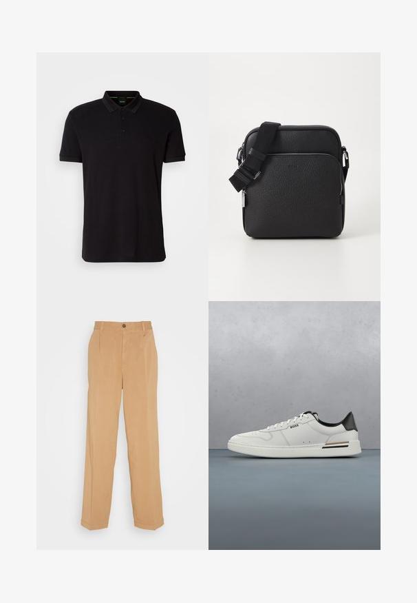 Schwarzes Poloshirt aus weichem Stoff, mit klassischem Kragen, dreiknöpfiger Knopfleiste und gesticktem Logo auf der Brust.; Beige weite Hose aus weichem Stoff, mit zwei frontalen Taschen, einem Knopfverschluss und Bügelfalten entlang der Beine.; Weißer Sneaker mit niedrigem Schnitt und schwarzer Ferse, Schnürverschluss, dezenten Perforationen und "BOSS"-Logo an der Seite, gezeigt von der äußeren Seitenansicht.; Schwarze Leder-Crossbody-Tasche mit strukturierter Oberfläche, ausgestattet mit einer vorderen Reißverschlusstasche, verstellbarem Riemen und metallenen Hardware-Details.
