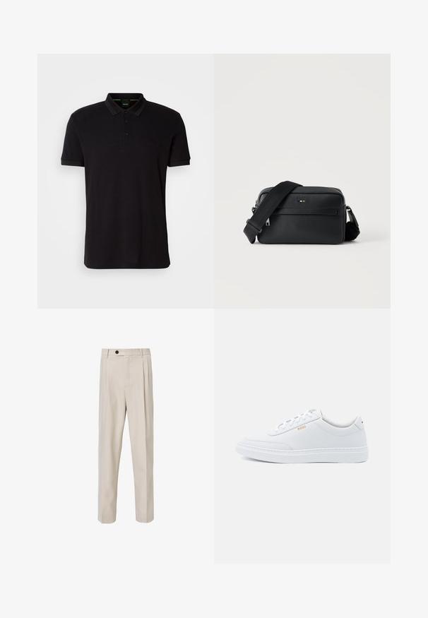 Schwarzes Poloshirt aus weichem Stoff, mit klassischem Kragen, dreiknöpfiger Knopfleiste und gesticktem Logo auf der Brust.; Beige maßgeschneiderte Hose mit geradem Beinschnitt, vorderen Falten, Knopfverschluss und glatter Stoffstruktur.; Weiße Leder-Sneaker mit glatter Textur, runder Zehenpartie und tonal abgestepptem Design. Mit blauen Schnürsenkeln und einem goldenen Logo an der Seite.; Schwarze, strukturierte Leder-Crossbody-Tasche mit vorderer Reißverschlusstasche und verstellbarem breitem Stoff-Schulterriemen auf weißem Hintergrund.