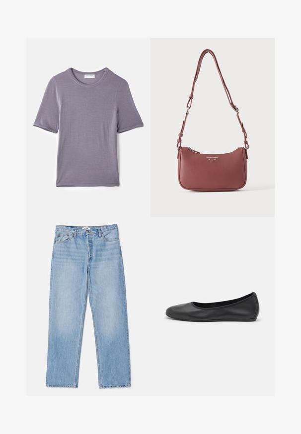 Paarse korte mouwen T-shirt van zachte stof, met een ronde hals en een rechte zoom, met een gladde textuur en geen zichtbare patronen.; Lichtblauwe denim jeans met een recht silhouet, knoopsluiting, vijf zakken en subtiele vervagingen in de stof.; Zwarte leren ballerina met een ronde neus, gladde textuur, minimale stikdetails en een flexibele zoolontwerp.; Kleine gestructureerde mauve leren schoudertas met verstelbare band en zilveren rits, met Emporio Armani Milano 1981-logo aan de voorkant.