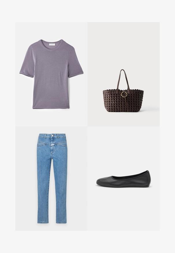Lilla kortærmet t-shirt lavet af blødt stof, med en rund hals og en lige kant, med en glat tekstur og uden synlige mønstre.; Lysblå denimjeans med lige ben, fem lommer og knaplukning. Har en let falmet overflade og minimal syning.; Sort læderballetsko med rund tå, glat tekstur, minimal syning og et fleksibelt såldesign.; Mørkebrun flettet tote taske med to håndtag og en gylden cirkulær spænde detalje i midten mod en ensfarvet baggrund.