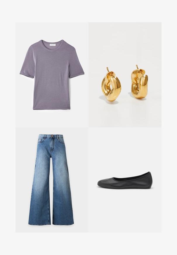 Lila Kurzarm-T-Shirt aus weichem Stoff, mit Rundhalsausschnitt und geradem Saum, glatter Textur und ohne sichtbare Muster.; Hoch taillierte blaue Jeans mit weitem Bein, vorderer Knopfleiste, Reißverschluss und Fünf-Taschen-Design auf hellem einfarbigem Hintergrund.; Schwarze Leder-Ballettschuhe mit abgerundeter Spitze, glatter Textur, minimalen Nähdetails und einem flexiblen Sohlen-Design.; Fette goldene Creolen mit einem leicht verdrehten, röhrenförmigen Design und Steckverschlüssen auf einem weißen Hintergrund.