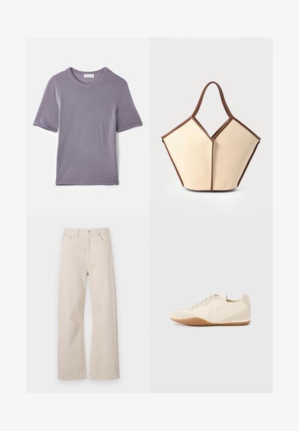 Paarse korte mouwen T-shirt van zachte stof, met een ronde hals en een rechte zoom, met een gladde textuur en geen zichtbare patronen.; Beige wijde jeans van katoen, met een hoge taille, twee voorkruiszakken en een knoopsluiting met metalen accessoires.; Lichtbeige sneakers met een textuur van leer op het bovenwerk, getextureerde zijpanelen en een rubberen zool. Voorzien van een slank, gestroomlijnd ontwerp en platte veters.; Canvas draagtas met een crèmekleurig lichaam en bruine leren accenten. Het ontwerp heeft een unieke V-vormige opening en twee gebogen handgrepen.