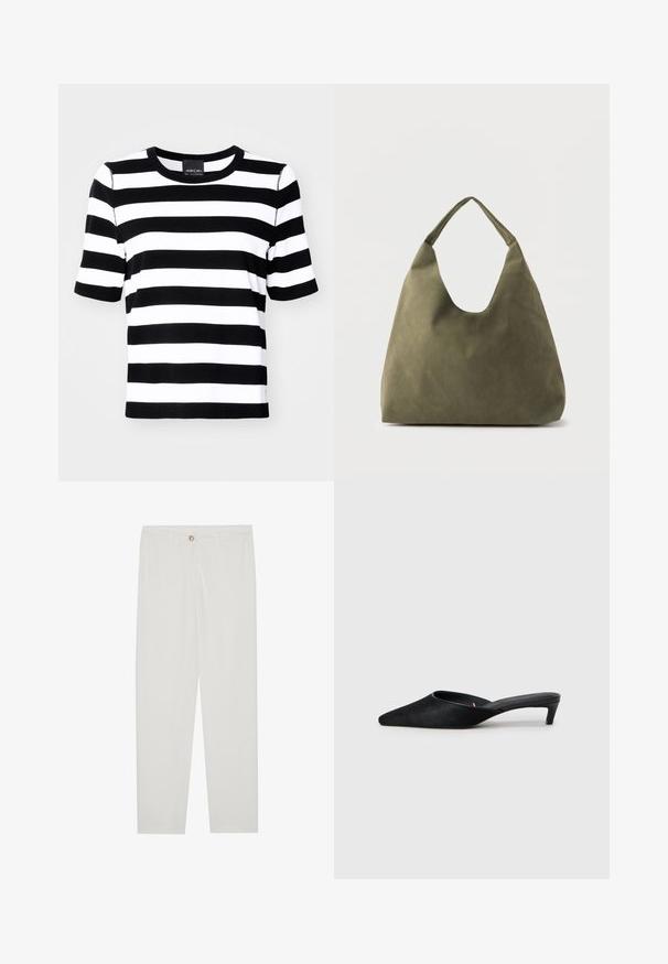 T-shirt à rayures noires et blanches avec des manches courtes, un col rond et une coupe décontractée. Tissu doux avec un motif à rayures uniformes.; Pantalon blanc sur mesure avec une coupe droite, doté d'une fermeture à bouton, de passants de ceinture et de poches latérales ; texture de tissu lisse.; Mules en daim noir avec un bout pointu et un petit talon. Caractéristiques d'une texture lisse et d'un dos ouvert pour un enfilage facile. Design simple sans motifs.; Sac à bandoulière en cuir souple vert olive avec une large sangle unique et une forme décontractée et non structurée sur un fond clair.