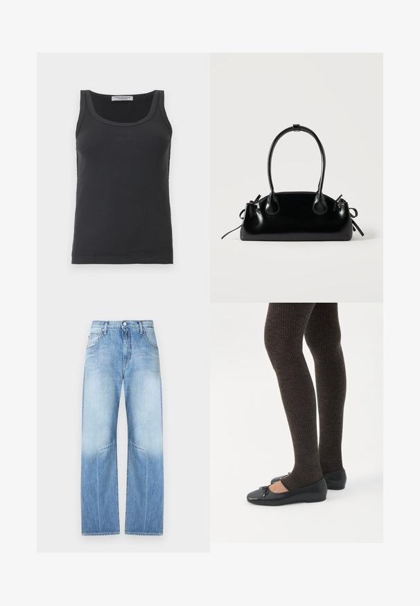 Débardeur noir côtelé sans manches avec encolure ronde et logo discret en relief "Copenhagen Studios" sur la poitrine.; Jean en denim bleu clair à taille haute, jambes larges et droites, fermeture à boutons sur le devant et style cinq poches.; Jambes portant des leggings côtelés foncés associés à des ballerines noires avec de petits détails en nœud sur fond blanc.; Petit sac à main noir brillant avec deux longues anses et des détails à cordon sur les côtés sur un fond clair uni.