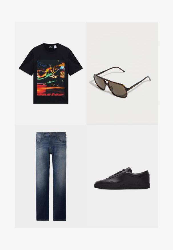 Sort t-shirt med korte ærmer og et grafisk design af farverige, slørede neonlys, inklusive en stjerne med nummer et og delvist rødt tekst "hurtigere".; Straight-leg jeans i mørkeblåt vask. Har fem lommer, lynlås og knaplukning. Let slidte tekstur ved låret. Denim stof.; Sort lavtstående lædersneaker med snørebånd foran og flad gummisål, vist fra siden på en ensartet hvid baggrund.; Rektangulære skildpaddeskals-solbriller med brune linser og tynde gafler, vist på en ensfarvet hvid baggrund.