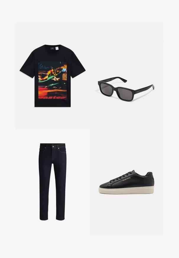 Zwarte T-shirt met korte mouwen met kleurrijke vervaagde neonlichten grafiek, inclusief een ster met het cijfer één en gedeeltelijke rode tekst "sneller".; Donkerblauwe denim jeans met een slim fit, gekenmerkt door contrasterende oranje stiksels, vijf zakken en een knoopsluiting op de taille.; Zwarte leren sneaker met een gladde afwerking, contrasterende crèmekleurige zool, ronde neus, gouden logo aan de zijkant en zes gaatjes voor veters.; Zwarte rechthoekige zonnebril met donkere lenzen. Matte afwerking, gouden branding op de tempeleind en rechte, taps toelopende armen.